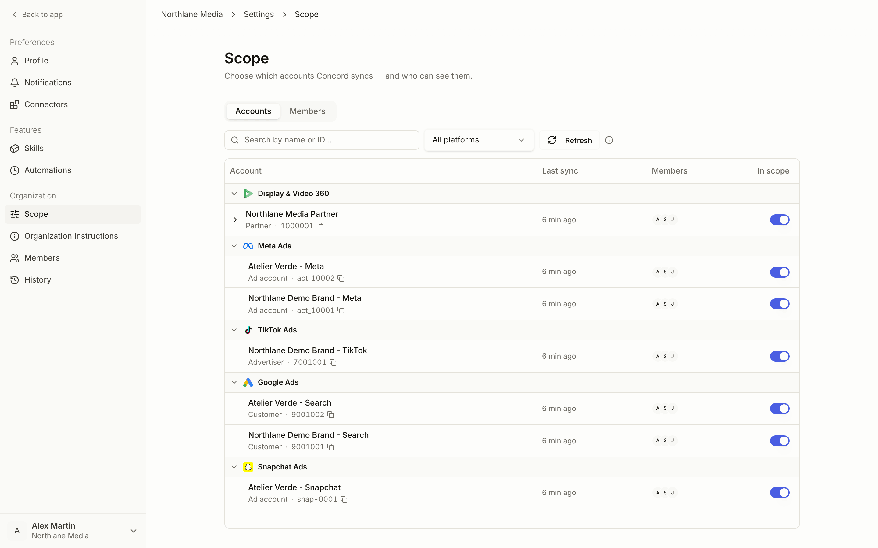 The Scope page, Accounts tab, with accounts grouped by platform and In scope toggles