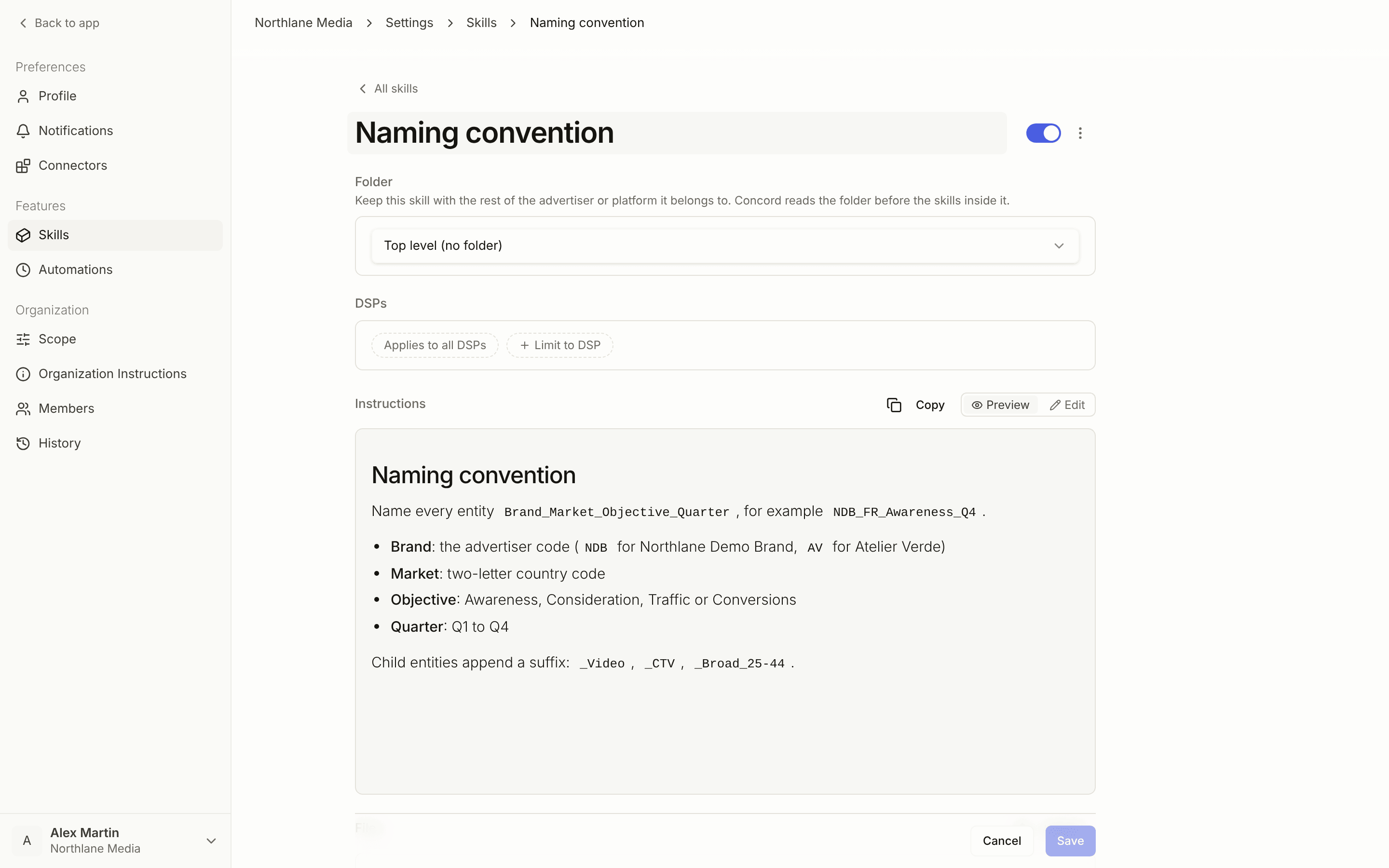 The Skill editor with folder, DSPs, and instructions