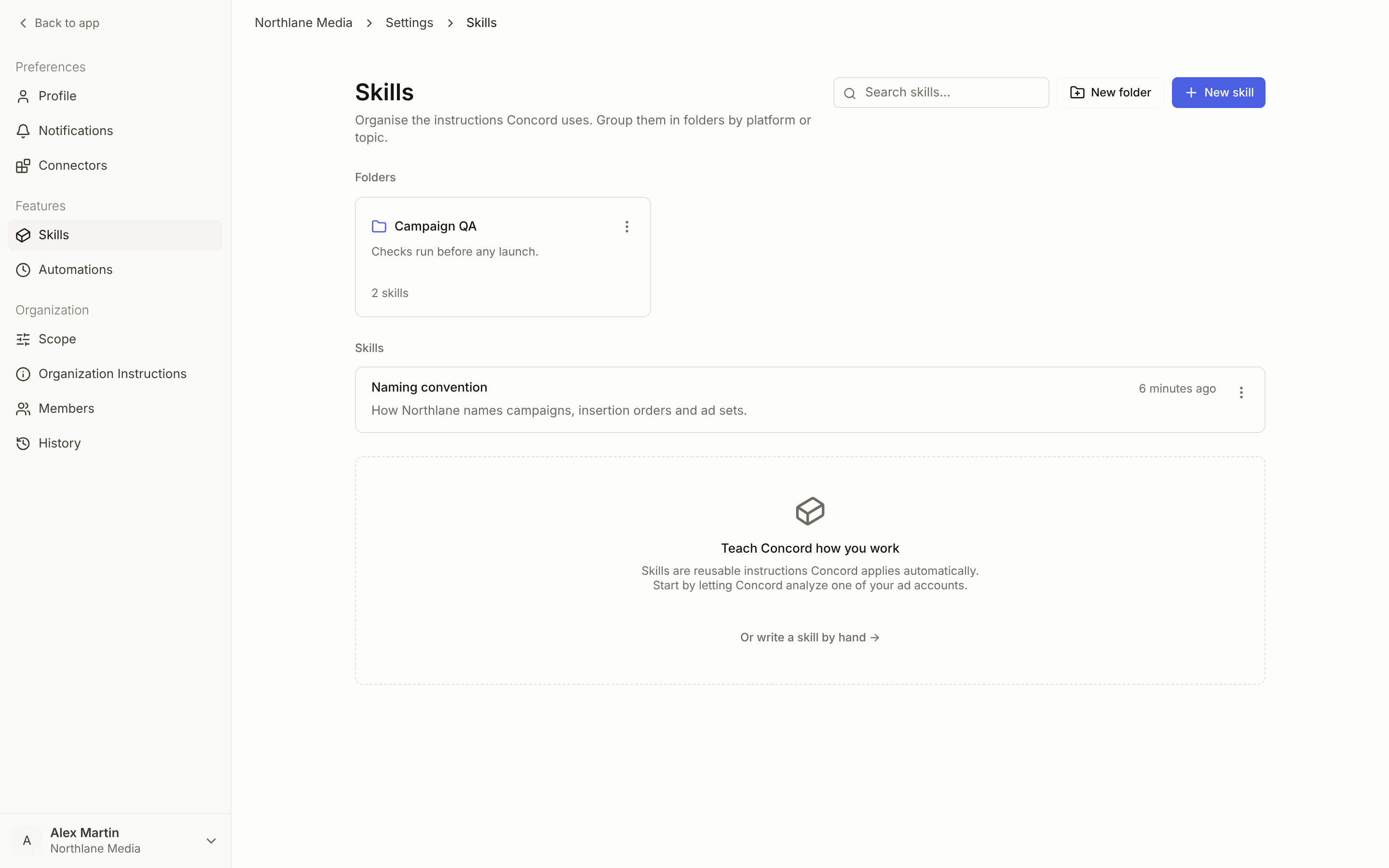 The Skills page with a folder of two Skills and a top-level Skill