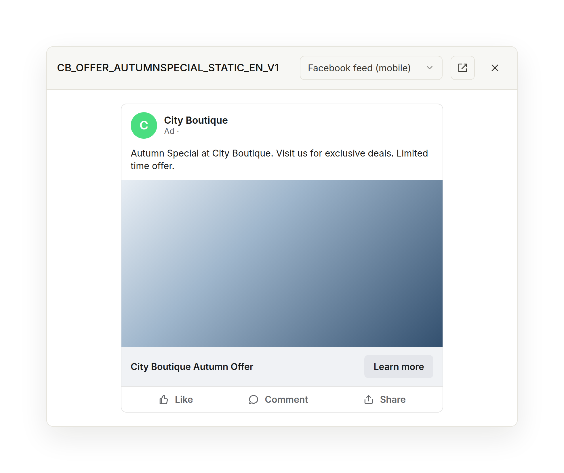 A Meta ad rendered in the Facebook mobile feed, with a placement selector