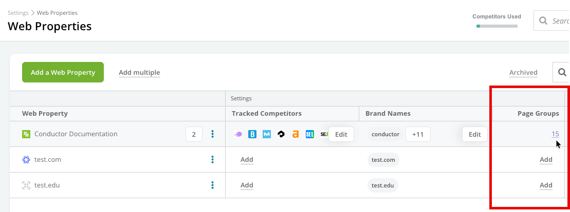 Web Properties Review Page Groups