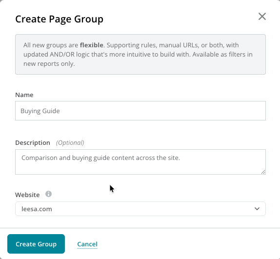 Create Page Group modal with a name, description, and website selected