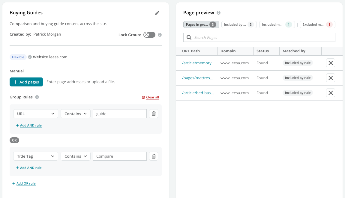 Two rule groups joined by OR, with the matching pages listed in Page preview