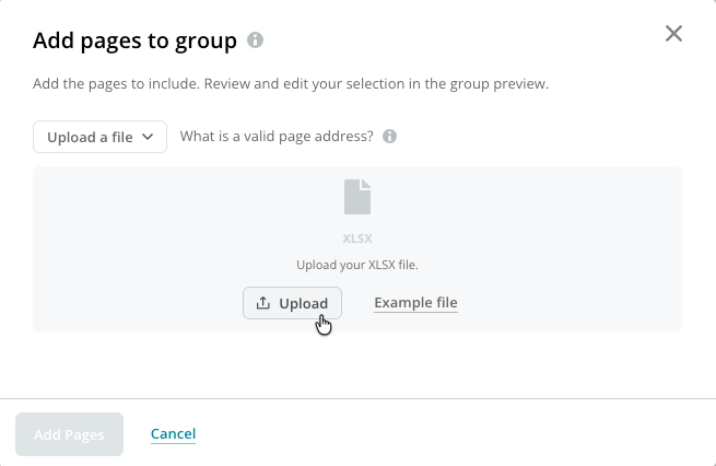 Add pages to group modal with Upload a file selected