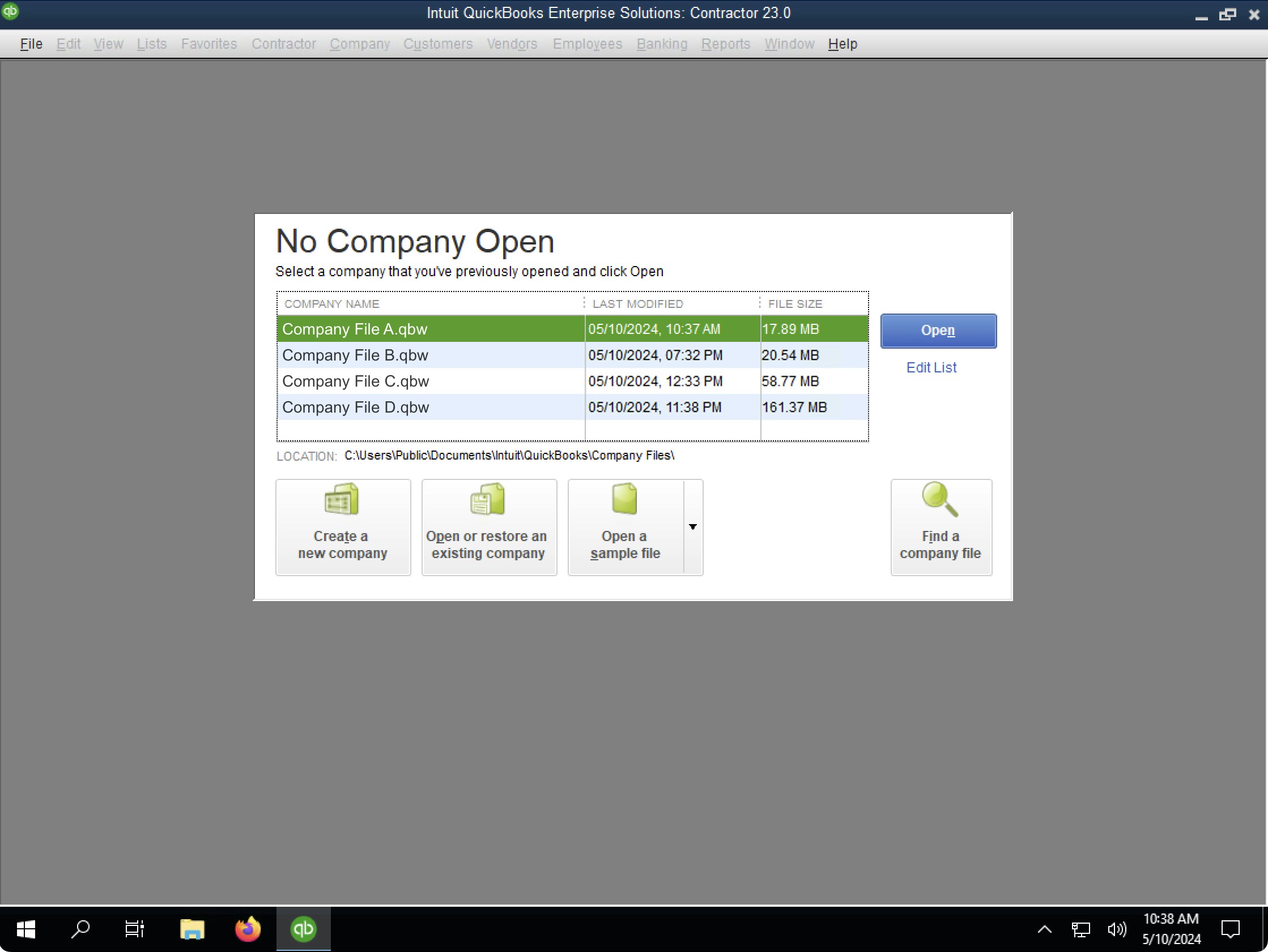 QuickBooks Desktop without any company file
loaded