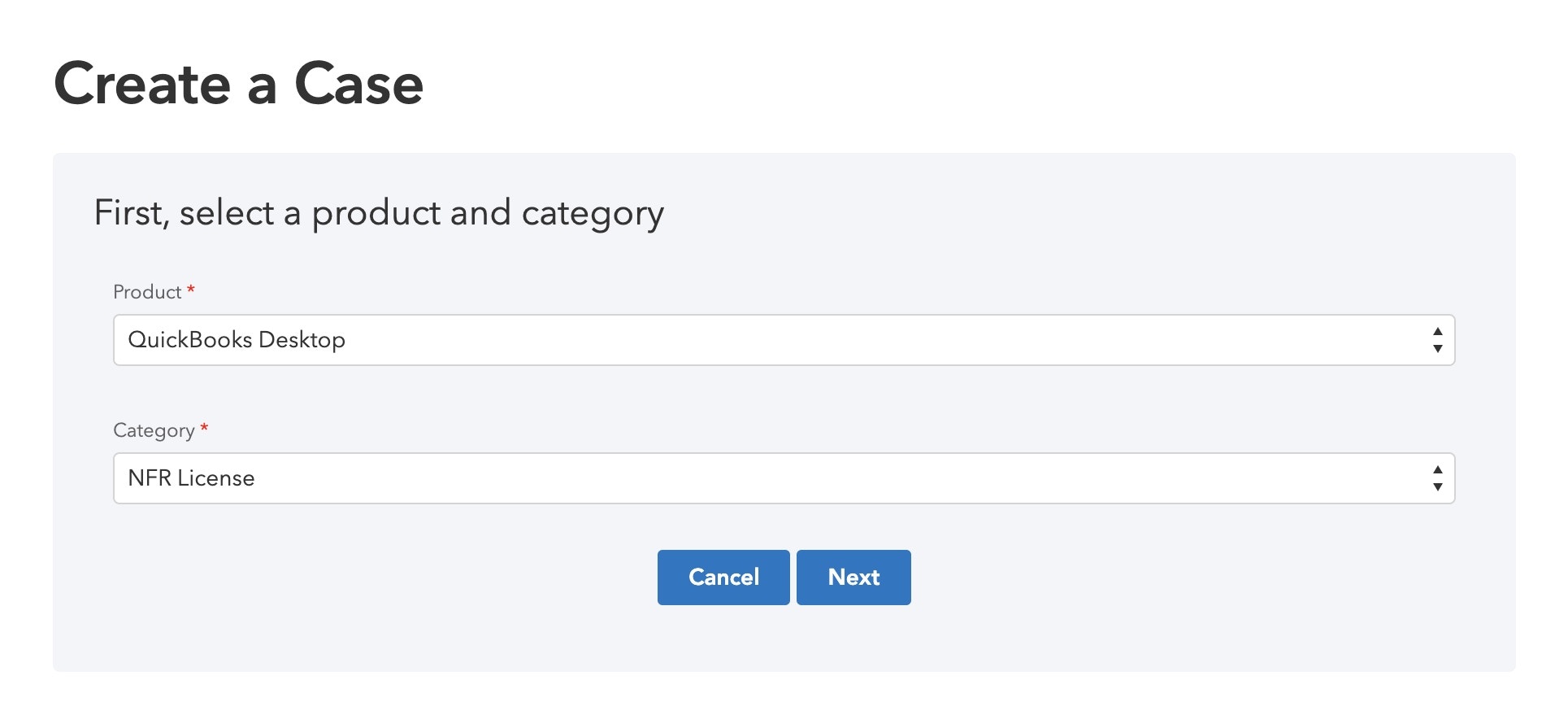 Support ticket creation page with 'QuickBooks Desktop' selected as the
Product and 'NFR License' selected as the
Category