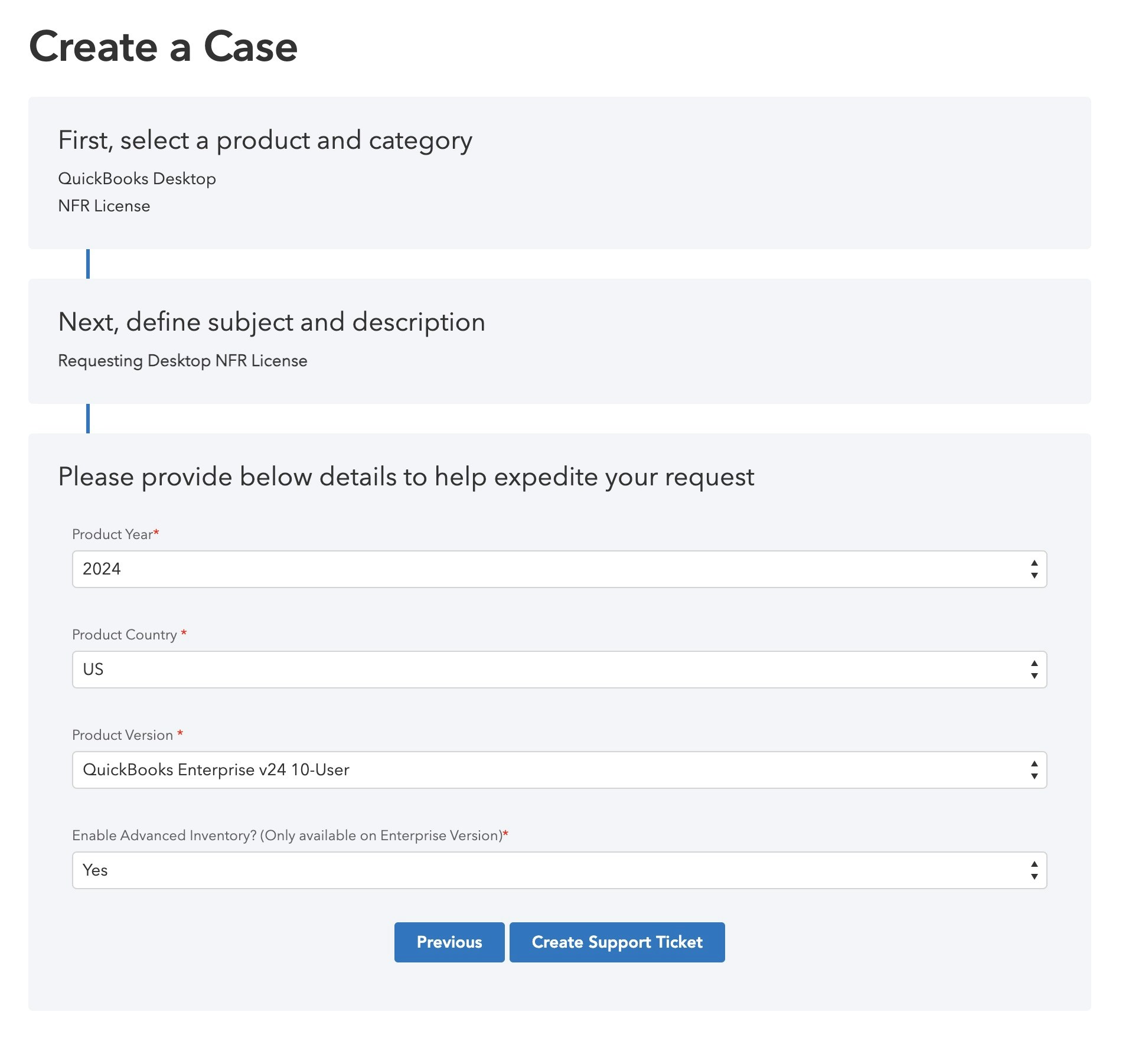 Support ticket creation page with the specified options selected
