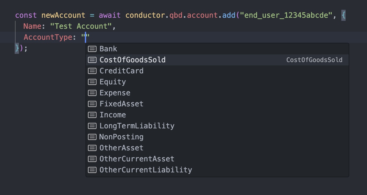 Conductor autocomplete for QuickBooks Desktop enum
values