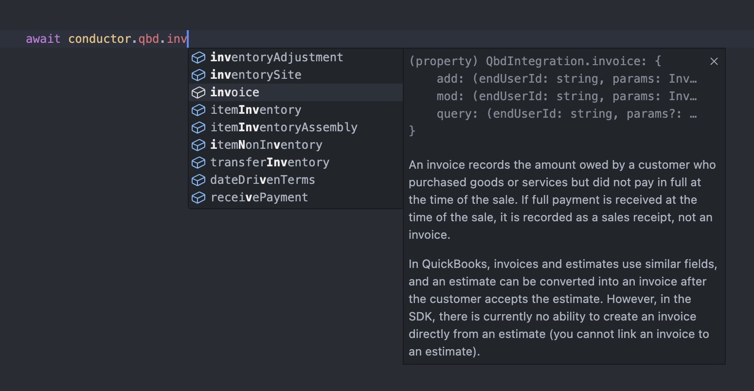 Conductor autocomplete for QuickBooks Desktop object
types