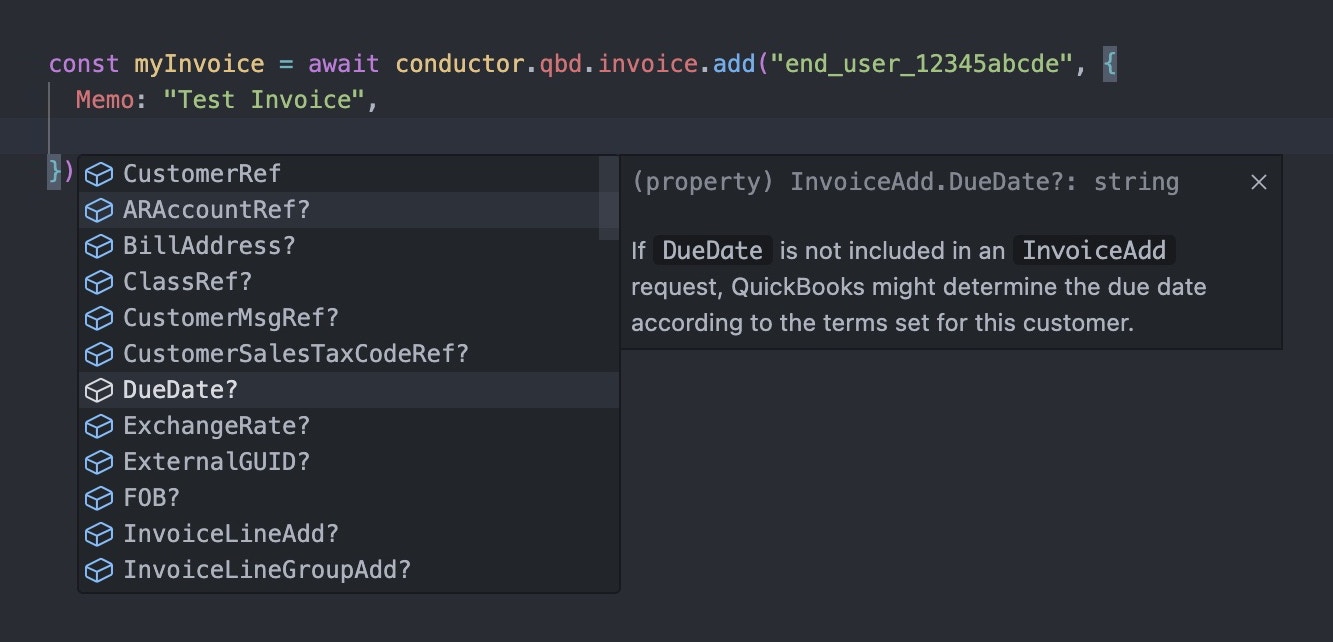 Conductor autocomplete for QuickBooks Desktop request
parameters