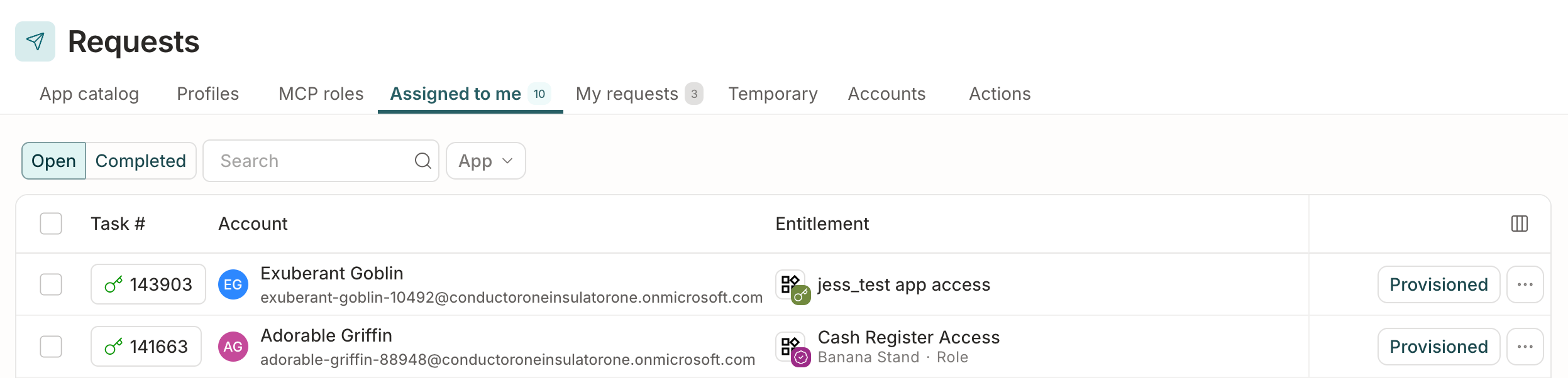 A list of provisioning tasks assigned to the user.