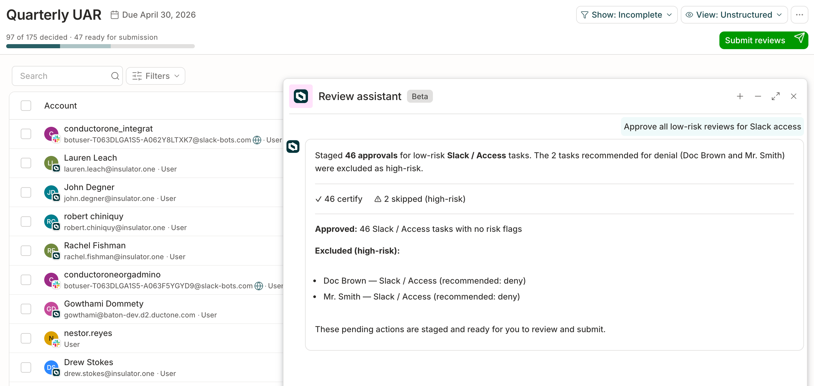 The review agent open in a user's Reviews view, showing staged actions and a prompt from the user asking to approve a specific user's access.