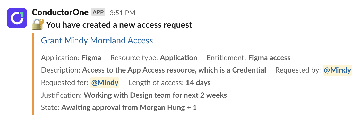 The Slack app showing the New request form with the Submit button.