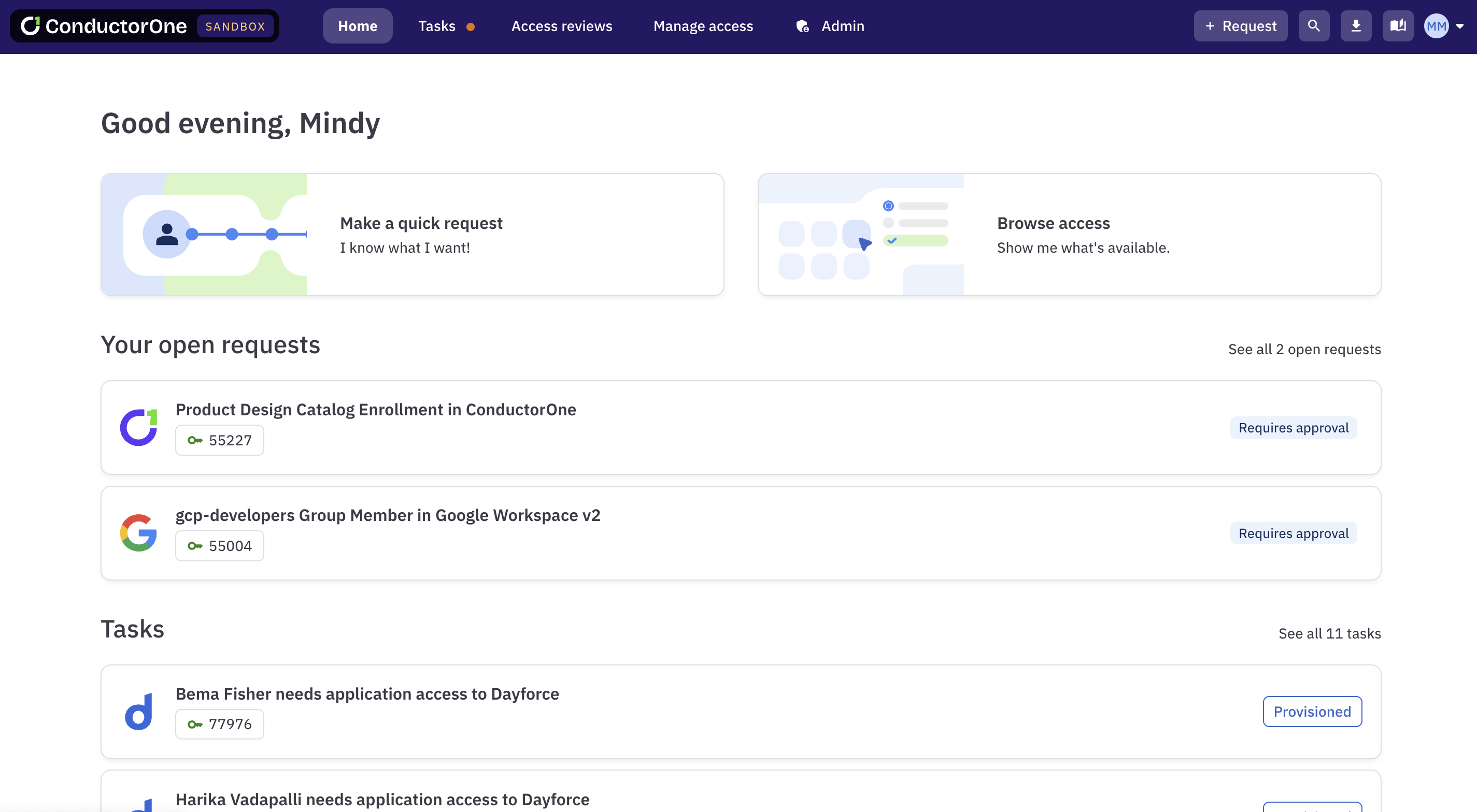 Manage access page showing the redesigned tabs and the user selector option.