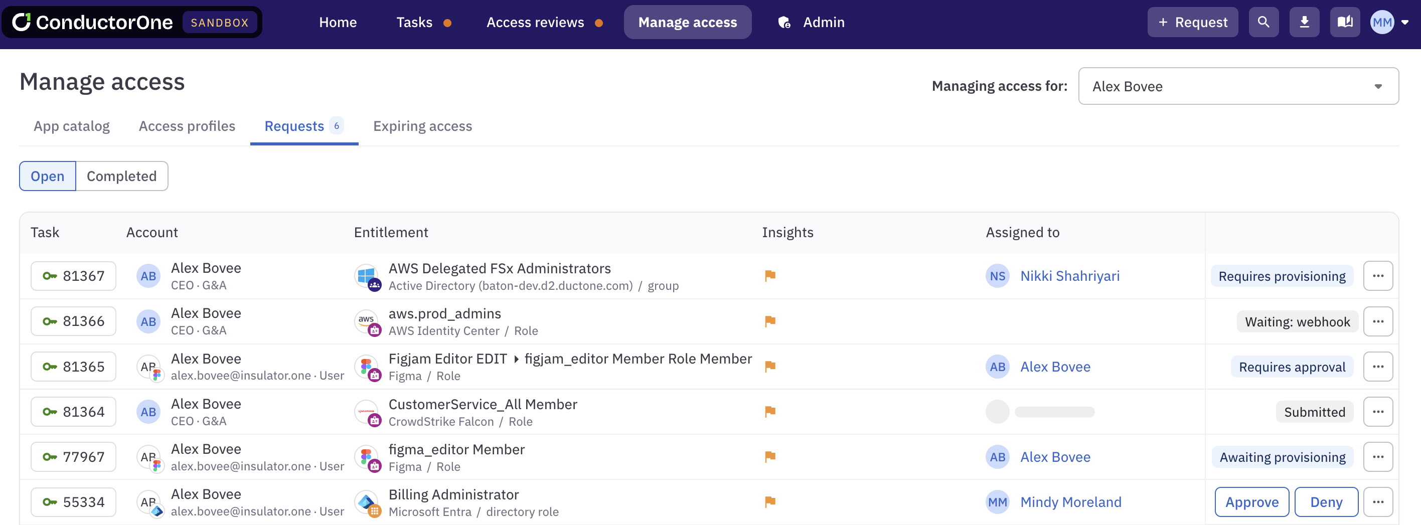 Manage access page showing the redesigned tabs and the user selector option.