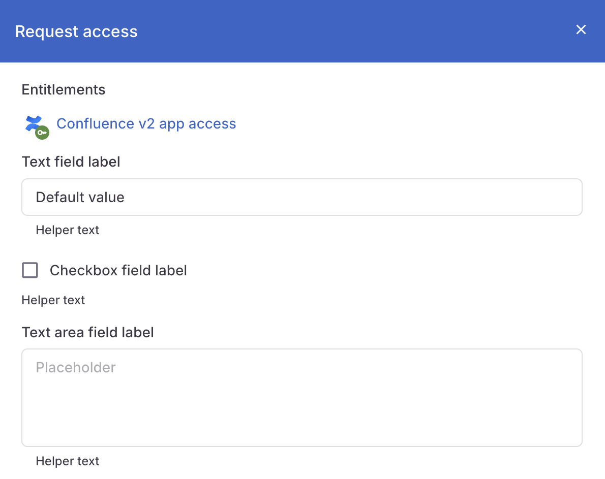 A screenshot showing a request modal on the Requests page with a request form showing the three field types. Each field element is labeled with its type: the text field's field label reads Text field label, the placeholder value is Placeholder, and so on.