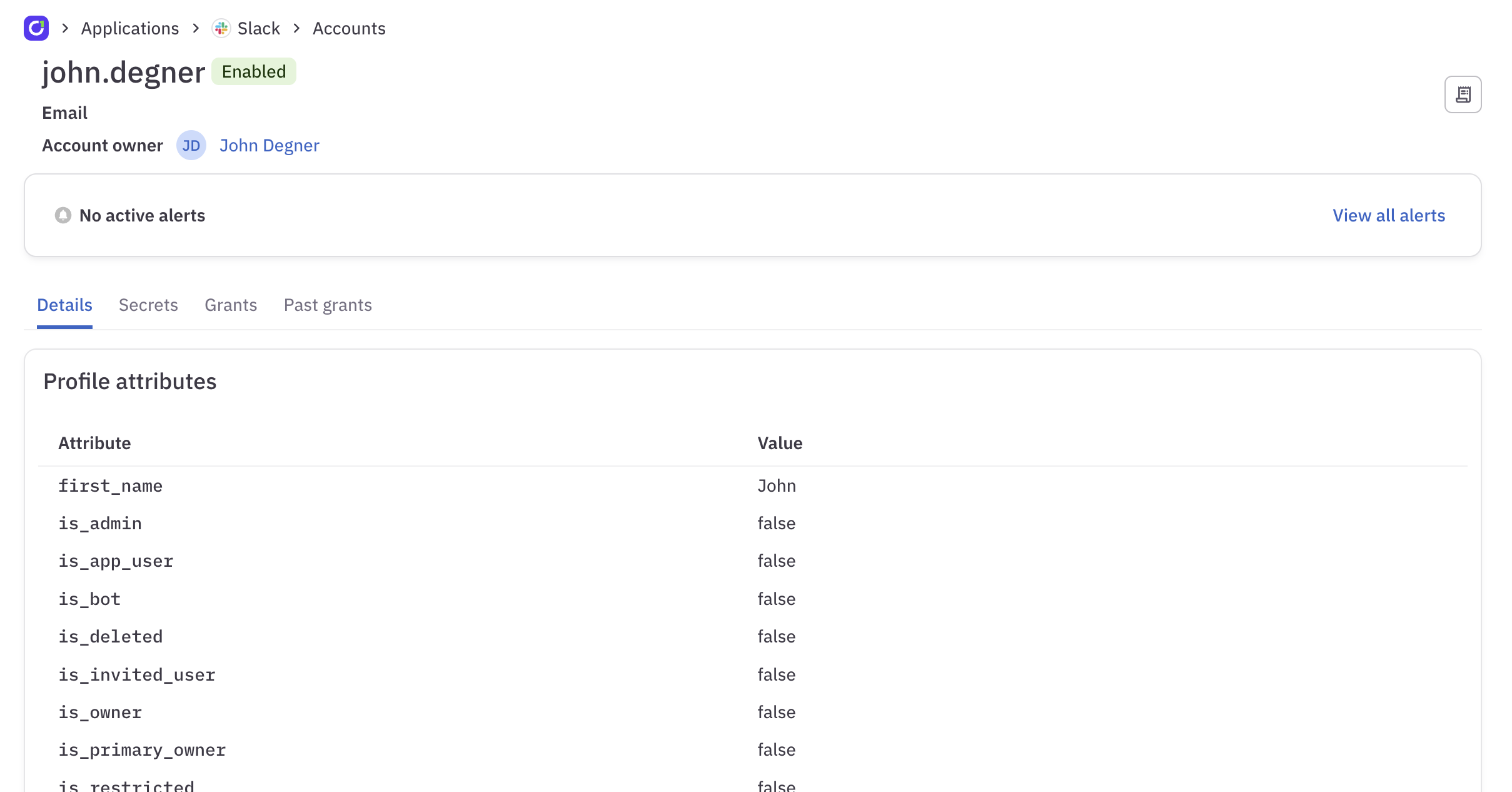 A screenshot of a Slack application account's details page in ConductorOne.