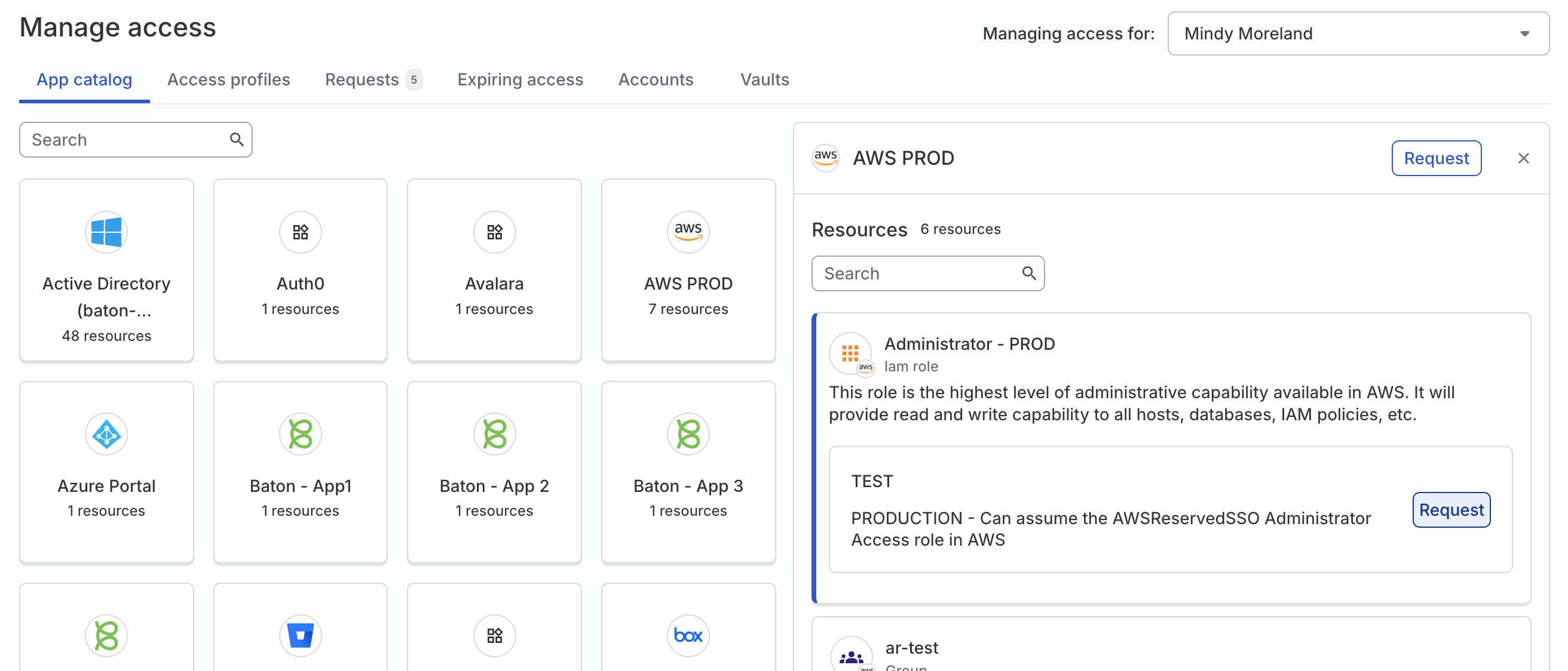 The browse access page open to the AWS account resource, as described in the instructions above.