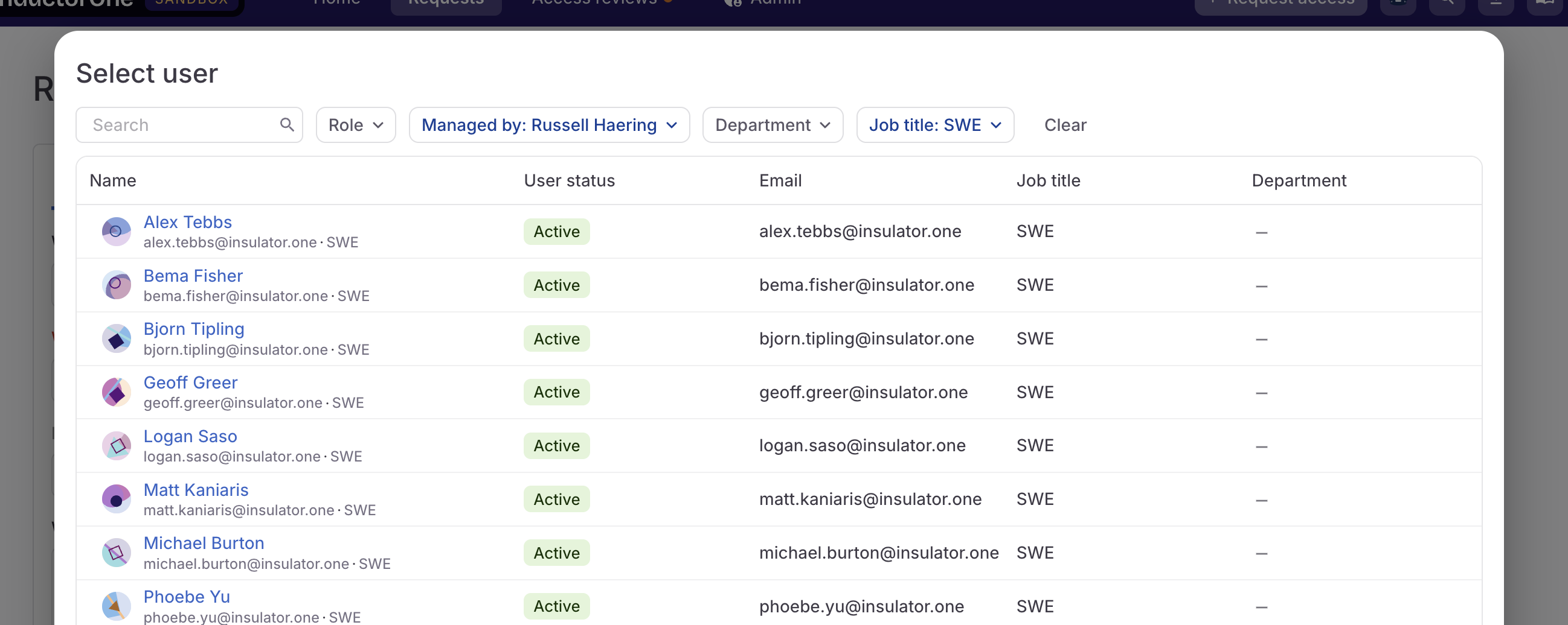 A screenshot of a user selection modal, showing the managed by and job title fields in use.