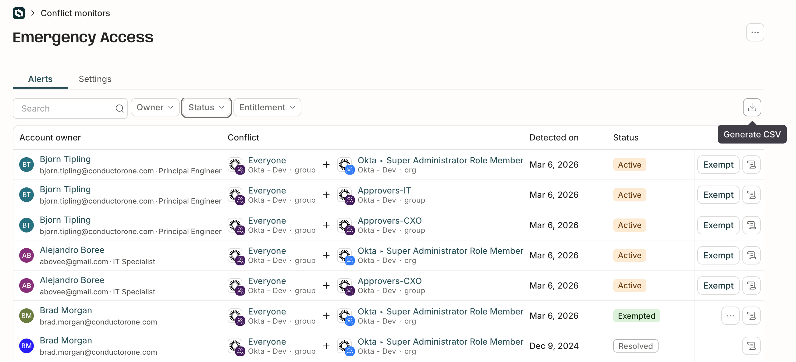 A report of a conflict monitor's alerts.