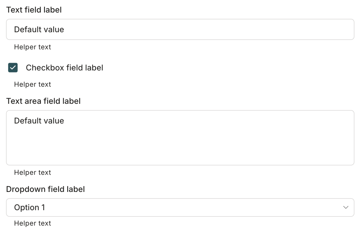 A screenshot showing a request modal on the Requests page with a request form showing the four field types. Each field element is labeled with its type: the text field's field label reads Text field label, the placeholder value is Placeholder, and so on.