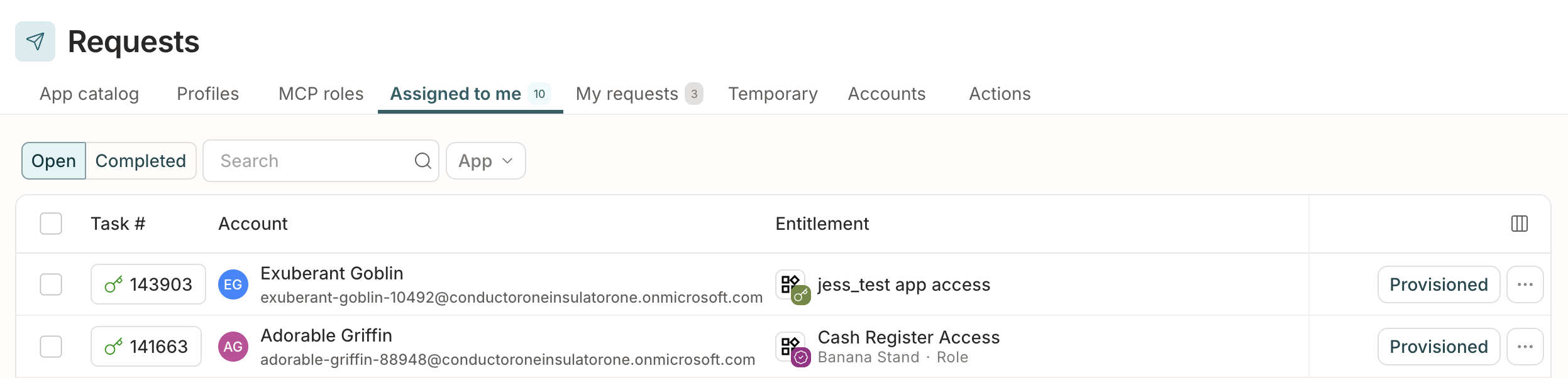 A list of provisioning tasks assigned to the user.