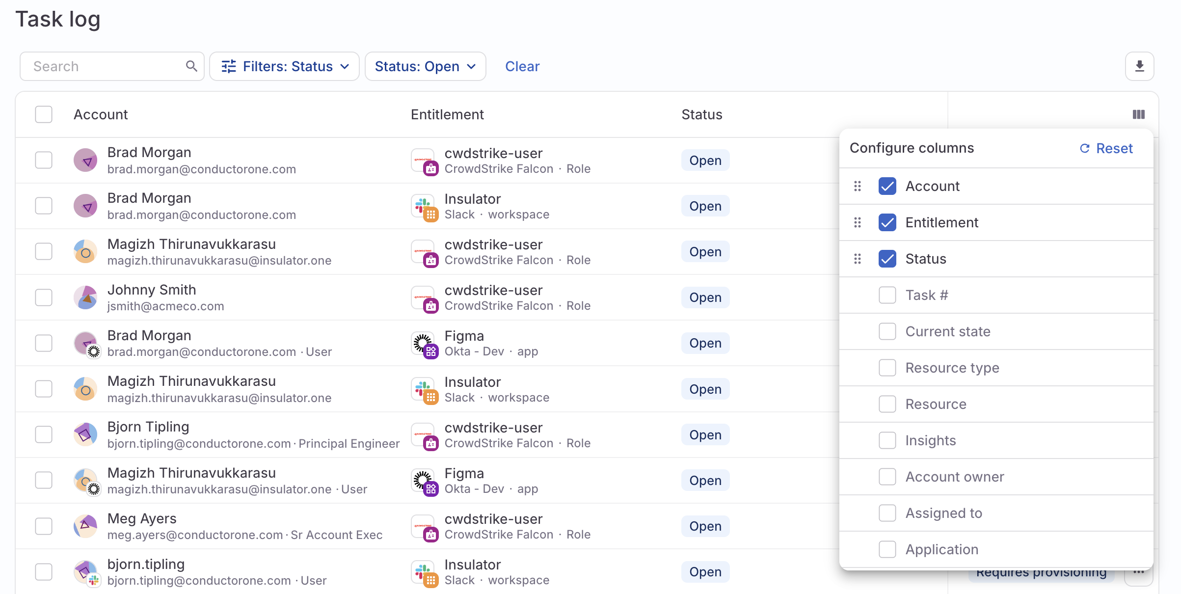 A screenshot of the Task log page with the column personalization dropdown open and three columns selected.