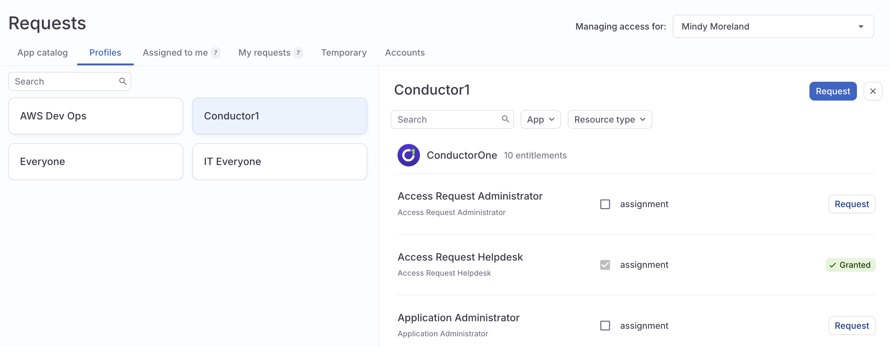 The Access profiles tab showing six available profiles.
