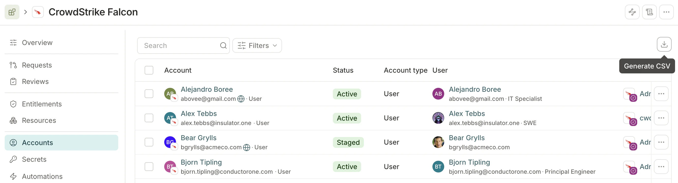 A screenshot of a Slack application's Accounts tab in C1.