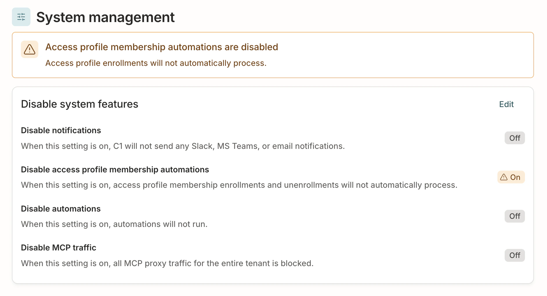 A screenshot showing C1 with a banner stating that access profile membership automations are disabled.
