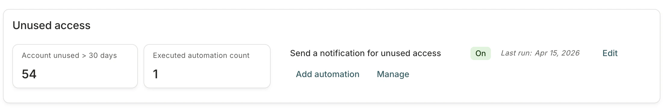 The Unused access section of an app's details page, showing an automation that creates a notification task for unused access.