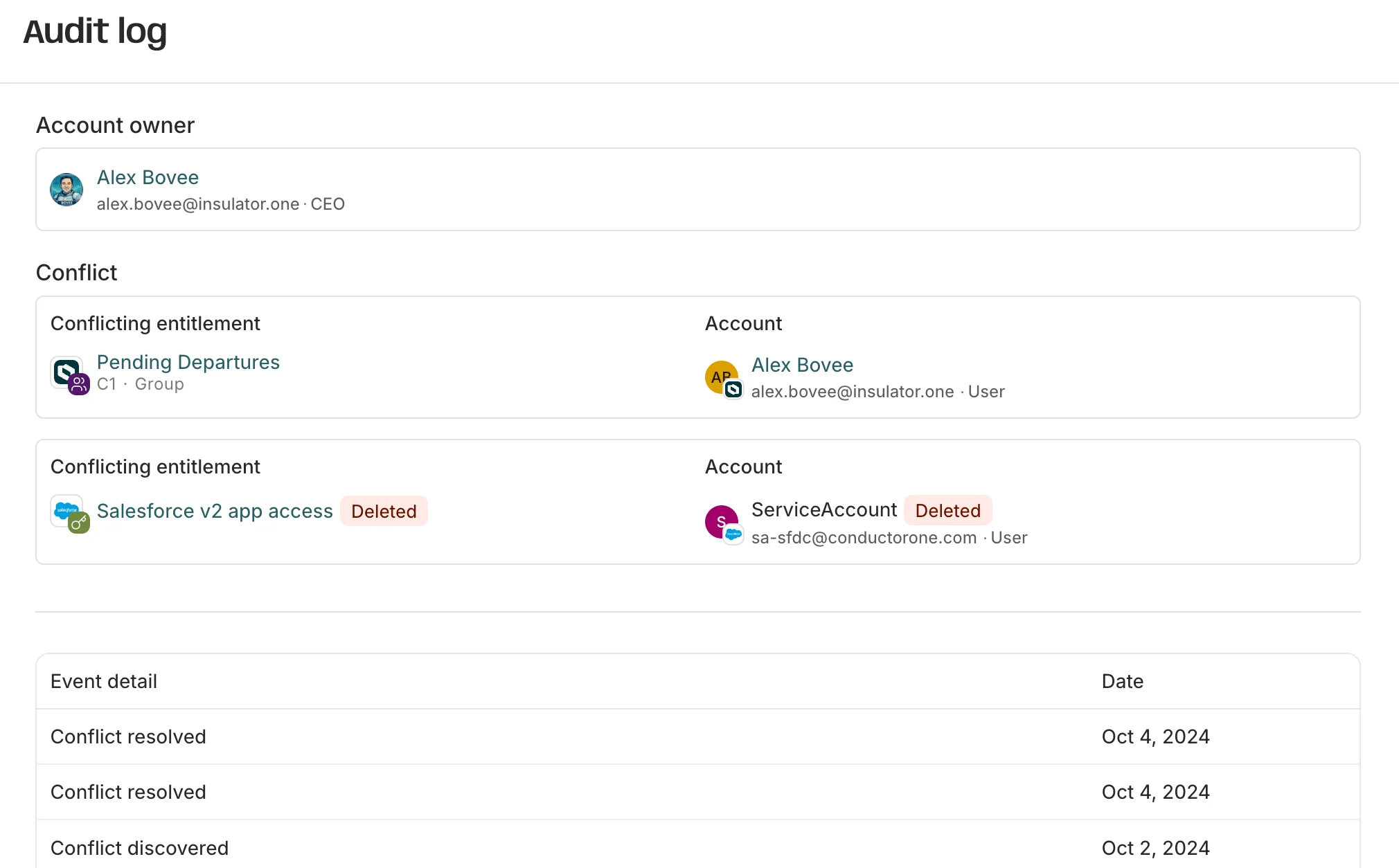An audit log for a conflict monitor alert.