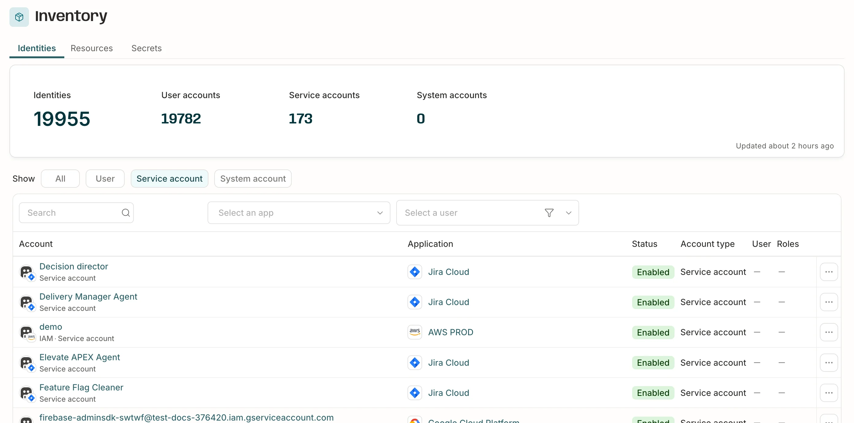 A screenshot of the Inventory page, showing the Identities tab with the service accounts filter engaged.