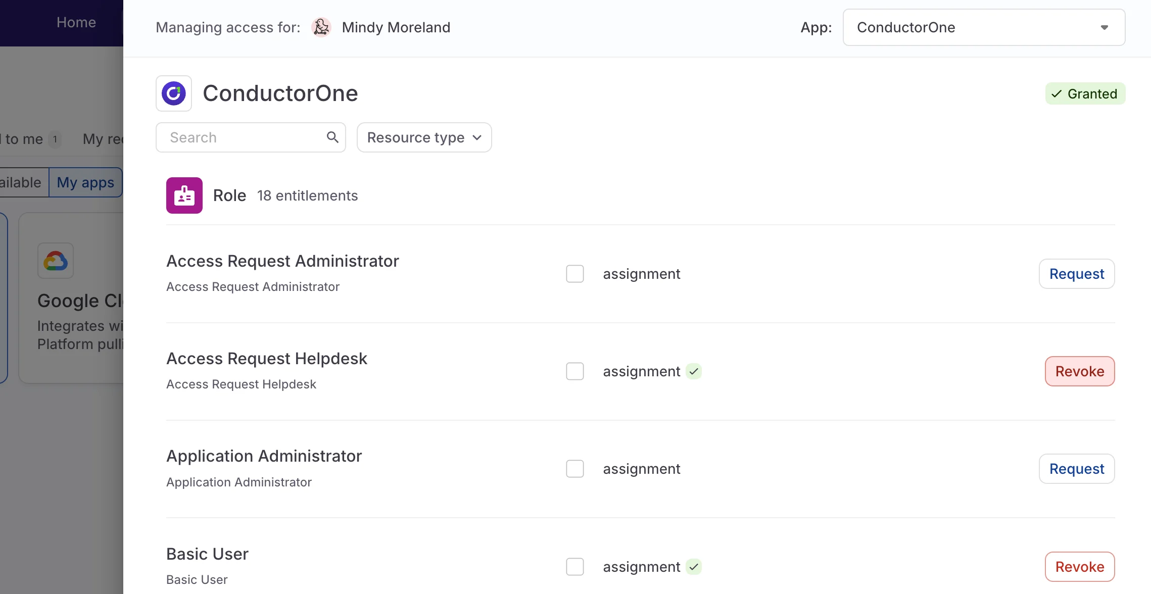 A screenshot of the App catalog tab with the Revoke button for a granted entitlement highlighted.