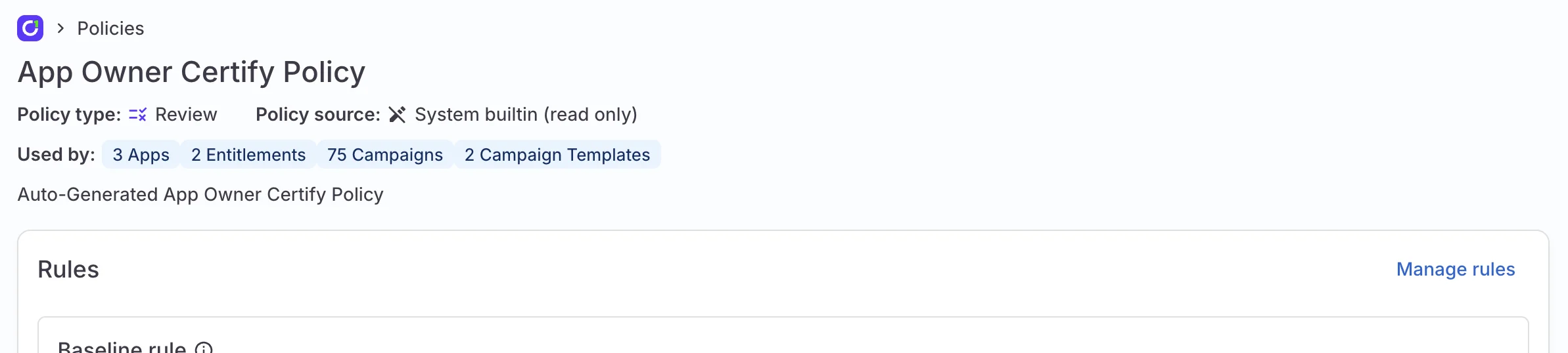 A screenshot of the top of a policy details page, showing that the policy is applied to 3 apps, 2 entitlements, 75 campaigns, and 2 campaign templates.
