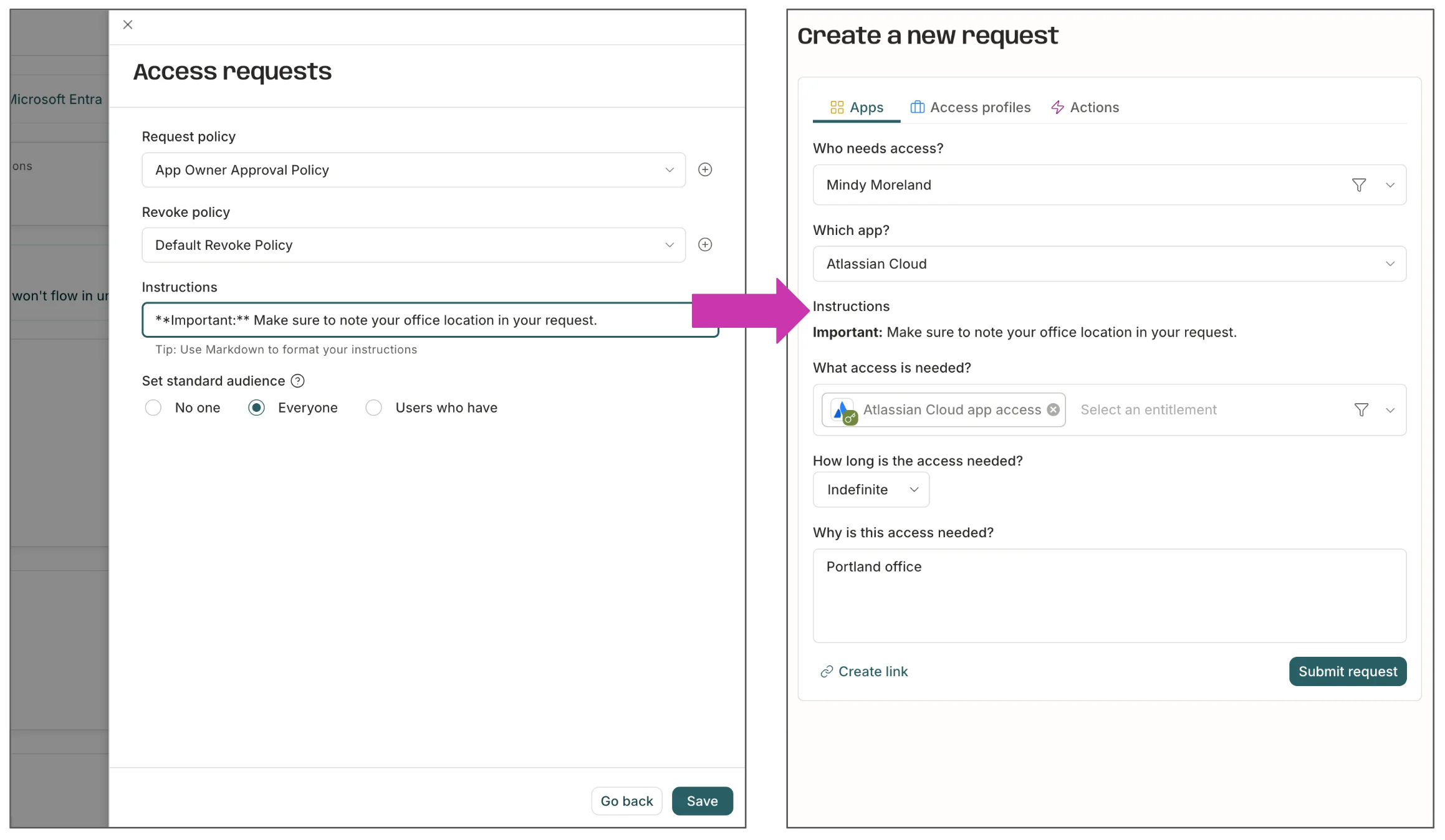 Two screenshots side by side, with the left one displaying the Instructions field on an app being filled out, and the right one showing those instructions on the New request form.