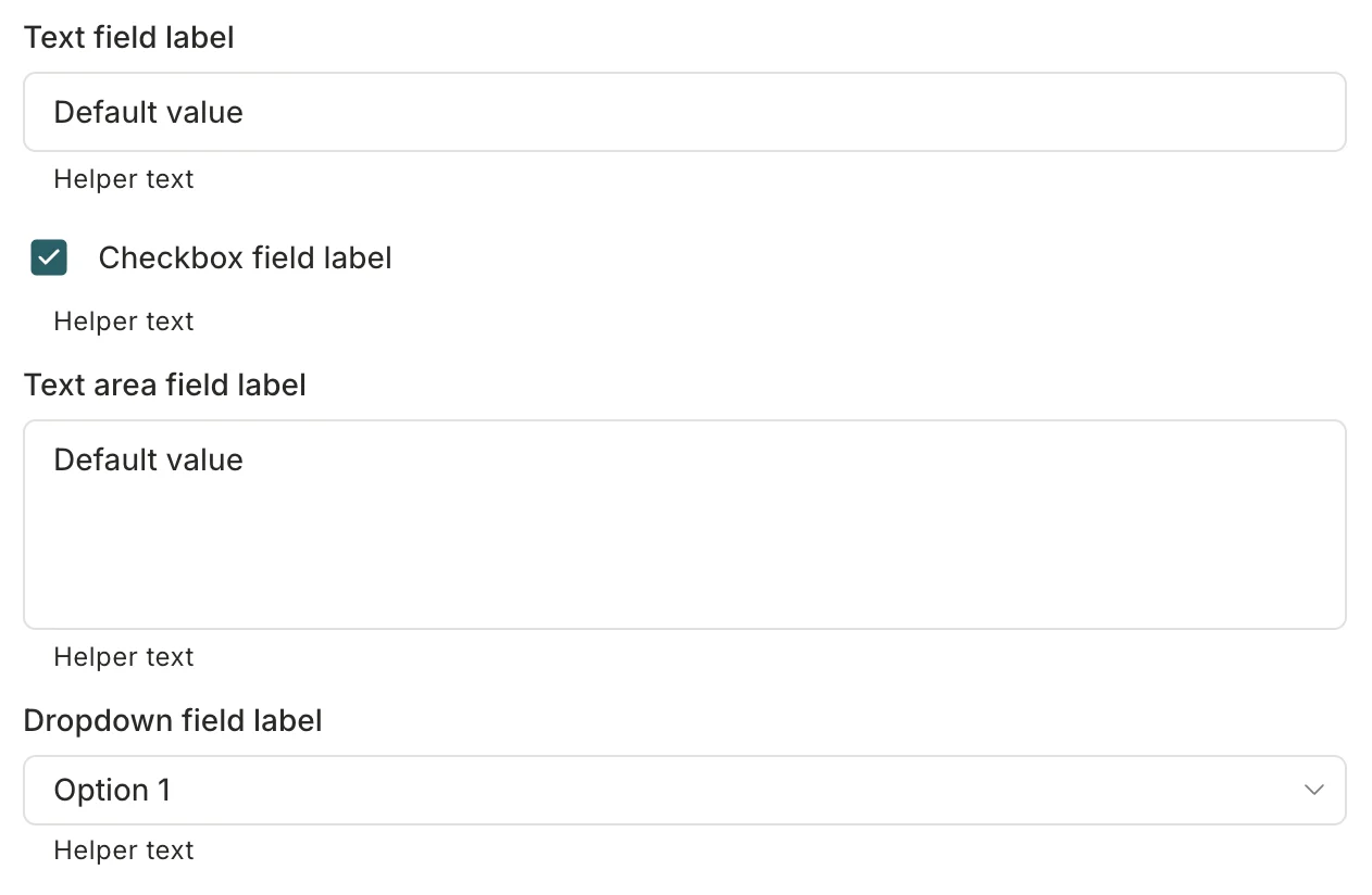 A screenshot showing a request modal on the Requests page with a request form showing the four field types. Each field element is labeled with its type: the text field's field label reads Text field label, the placeholder value is Placeholder, and so on.