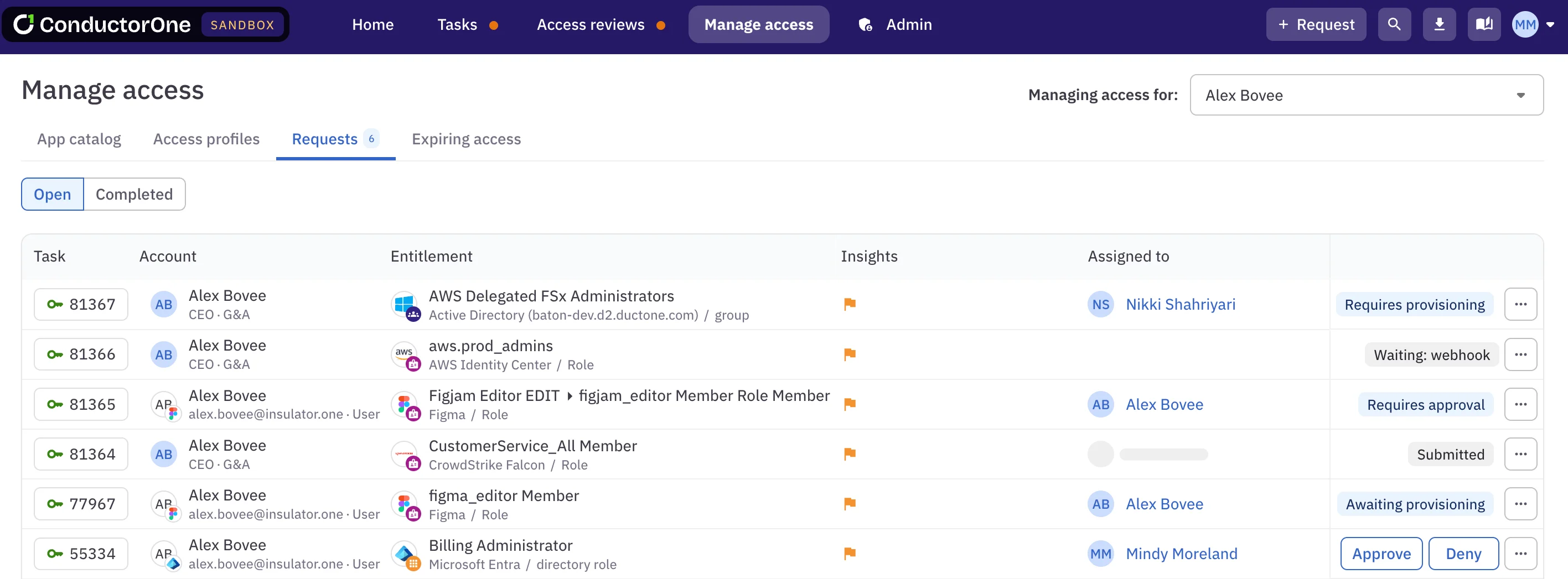 Manage access page showing the redesigned tabs and the user selector option.