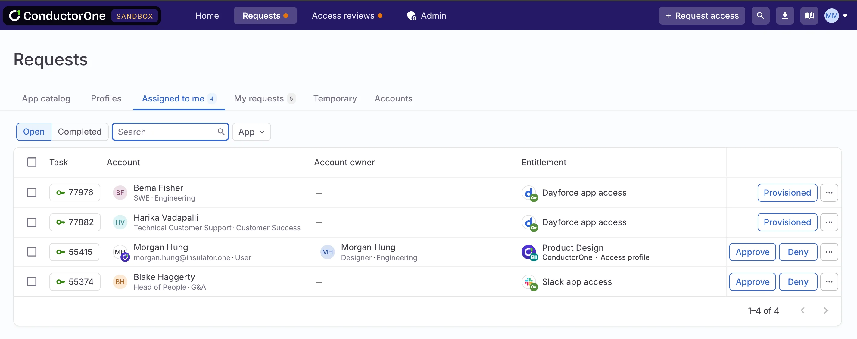 The end user Requests page showing the Assigned to me tab with four tasks.