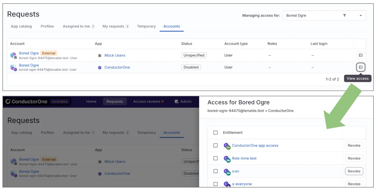 A screenshot of the Accounts tab on a Requests end user page, highlighting the View accounts button and then showing the account details drawer with Revoke buttons emphasized.