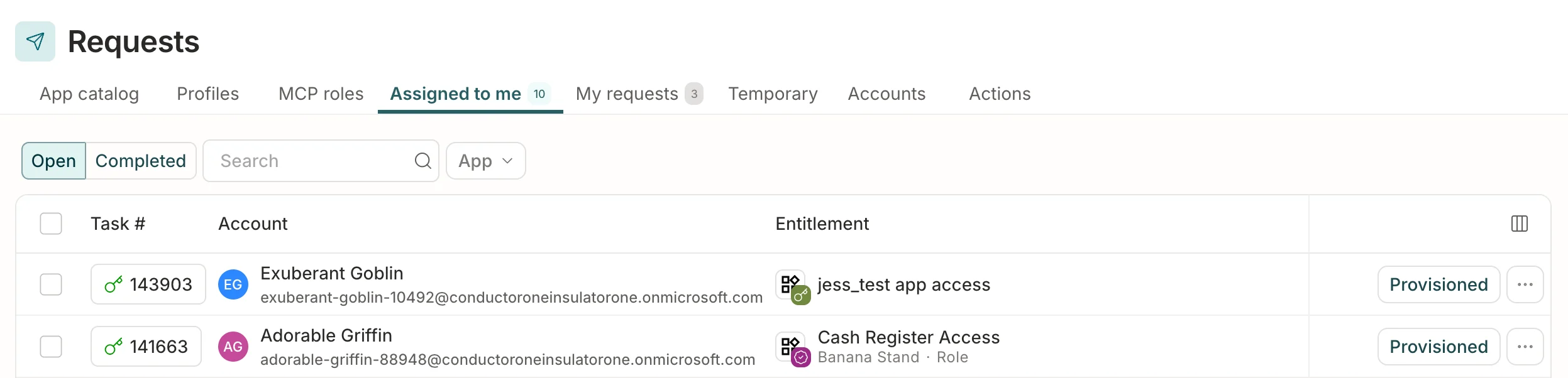 A list of provisioning tasks assigned to the user.