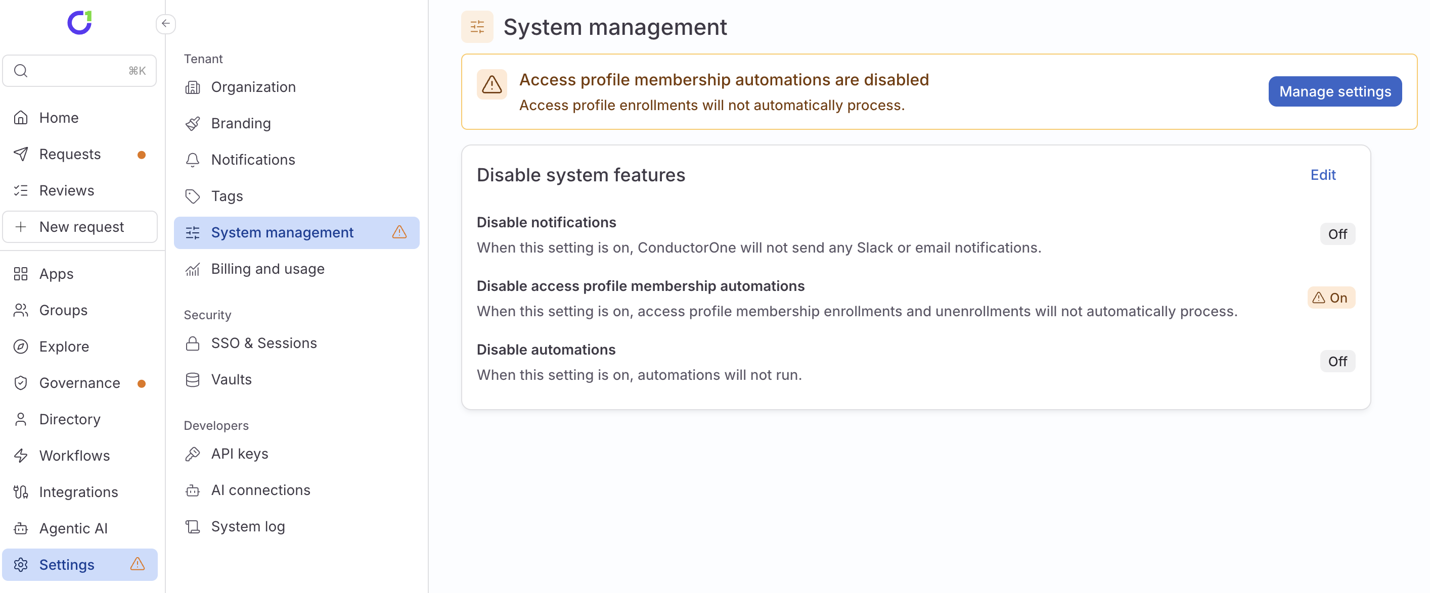 A screenshot showing ConductorOne with a banner stating that access profile membership automations are disabled.