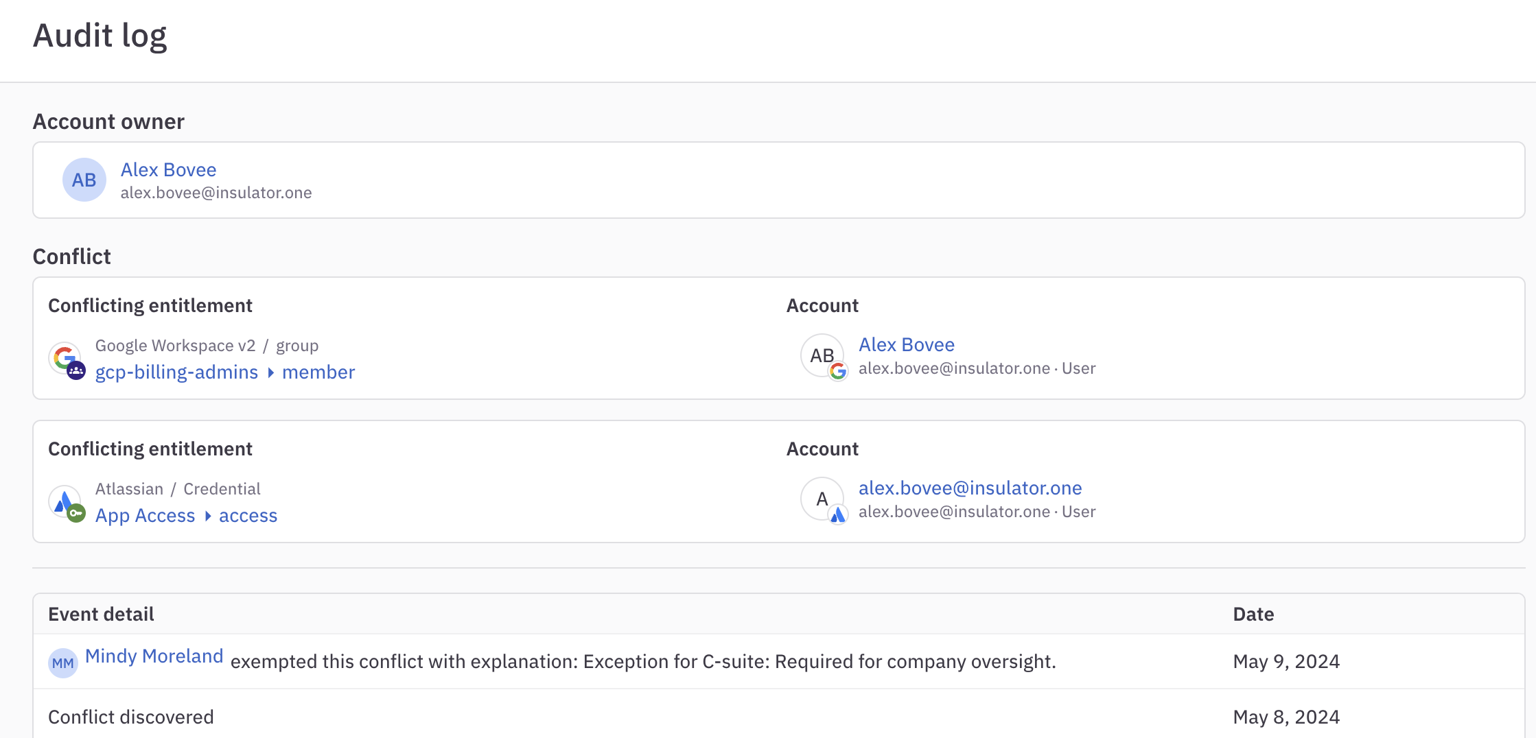 An audit log for a conflict monitor alert.