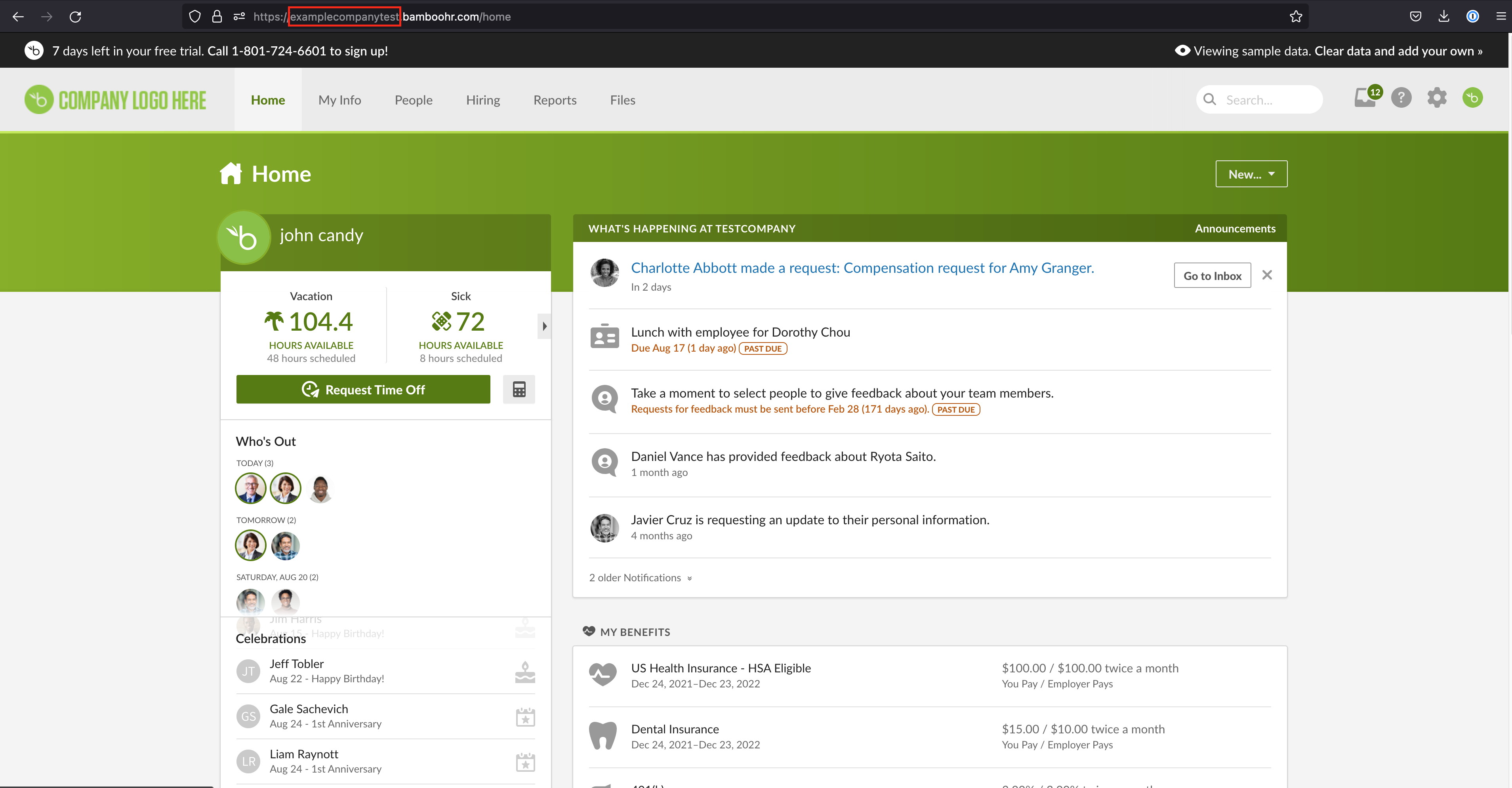 Detail view of the BambooHR administrator account, with the company domain highlighted.