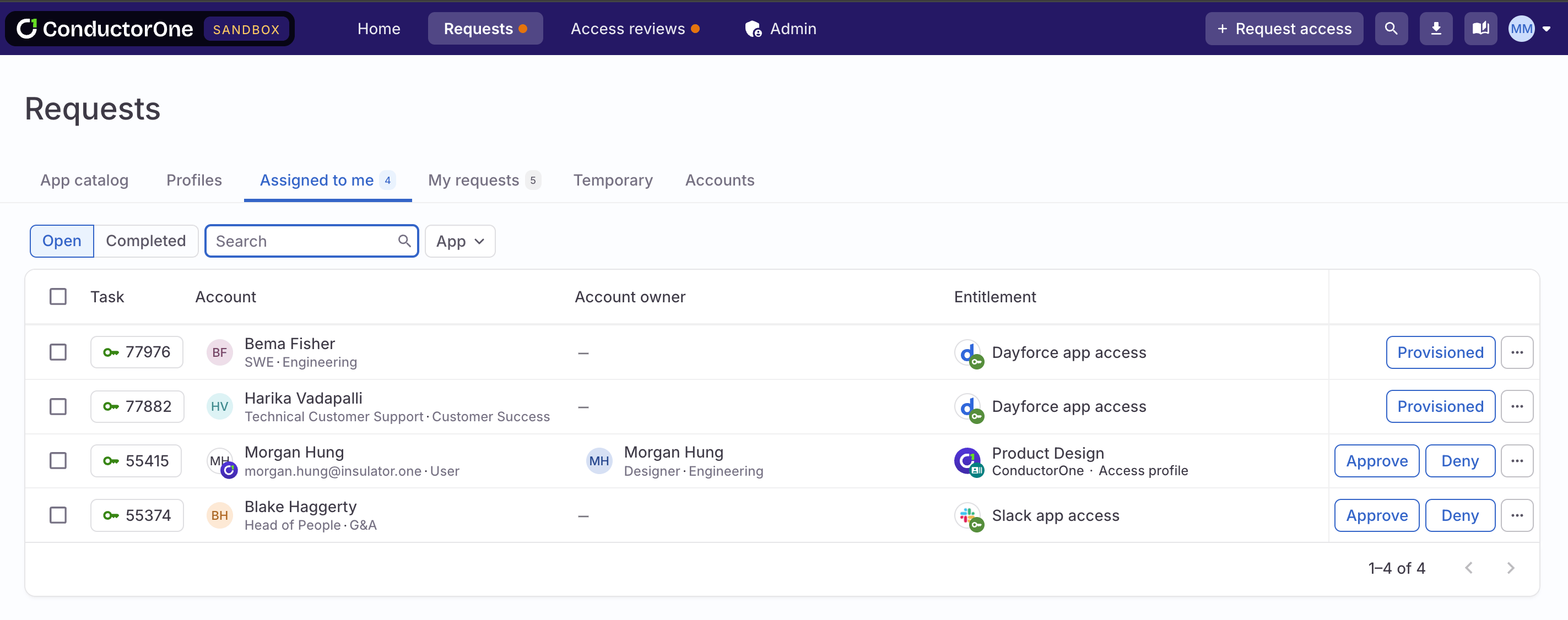 The end user Requests page showing the Assigned to me tab with four tasks.