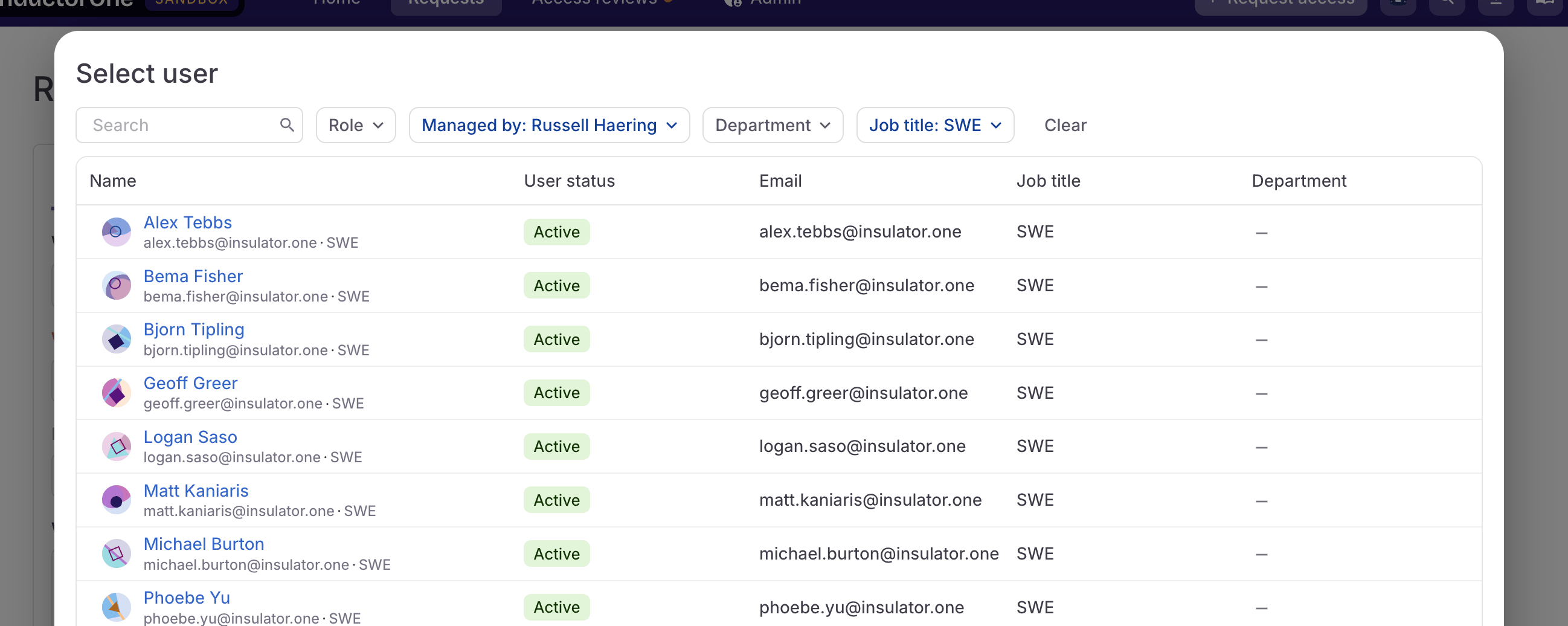 A screenshot of a user selection modal, showing the managed by and job title fields in use.
