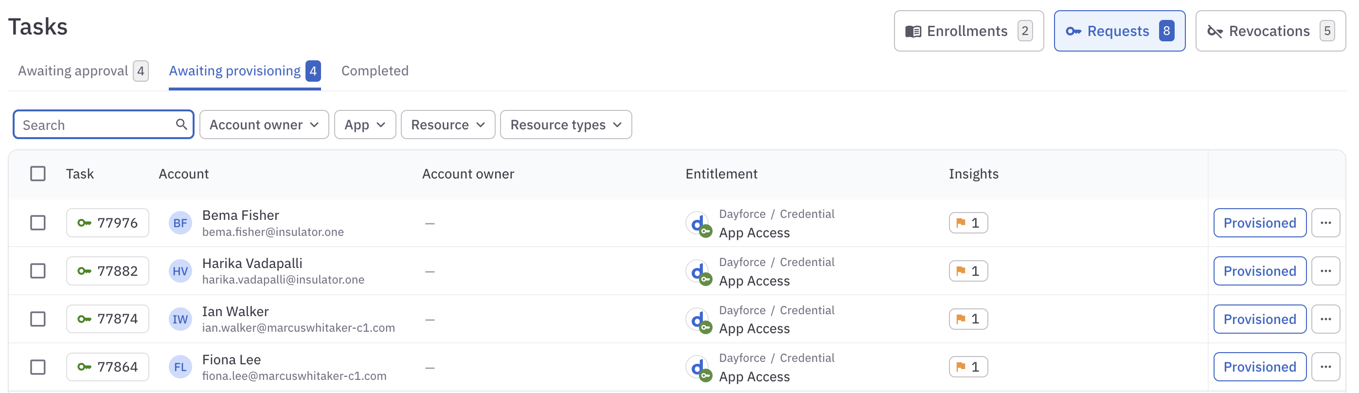 A list of provisioning tasks assigned to the user.