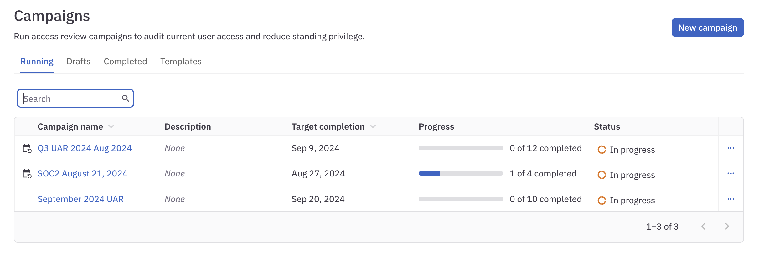 A screenshot of the Campaigns page in ConductorOne, showing the Running, Draft, Completed, and Templates tabs.