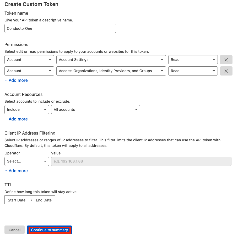 Detail view of the Cloudflare Create Custom Token page, with the Continue to summary button highlighted.