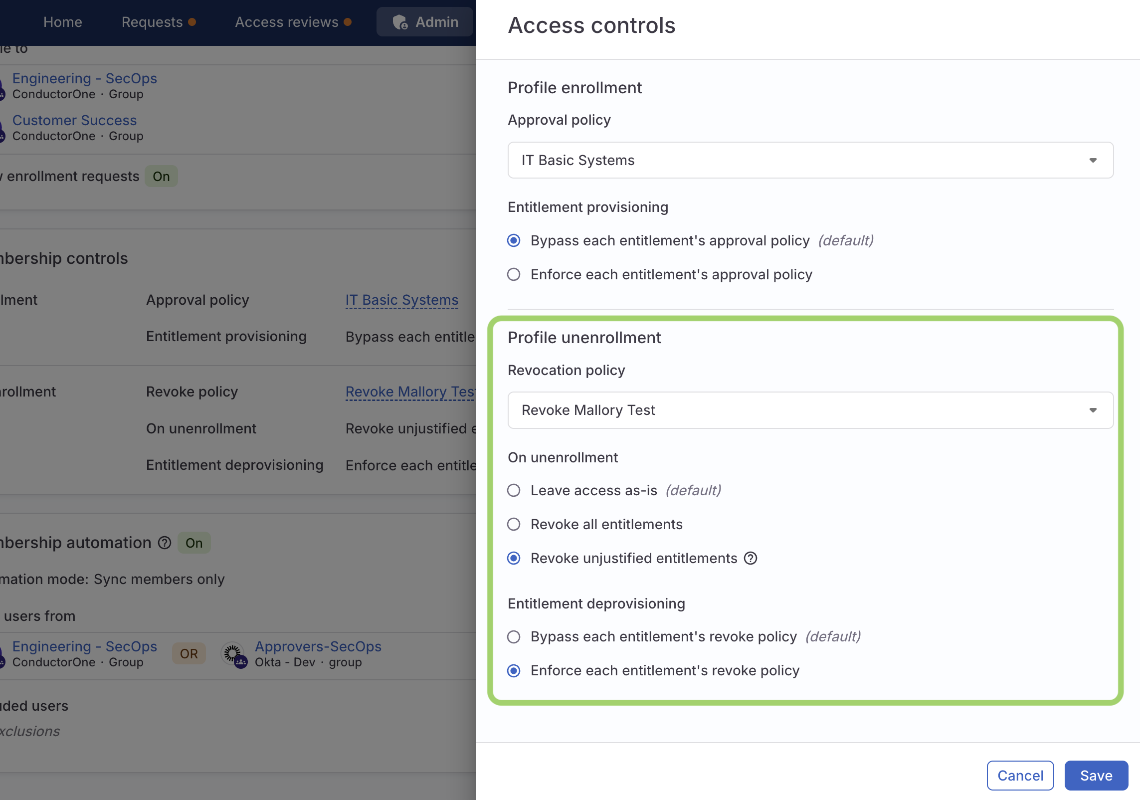 The membership controls configuration drawer with a green box highlighting the profile unenrollment controls.